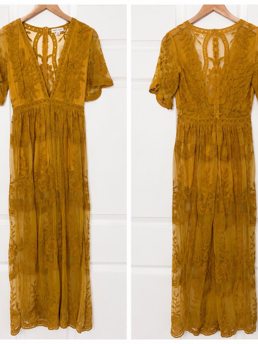 Honey Punch Mustard Lace Embroidered Boho Maxi Dress | Size Small - Picture 2 of 3